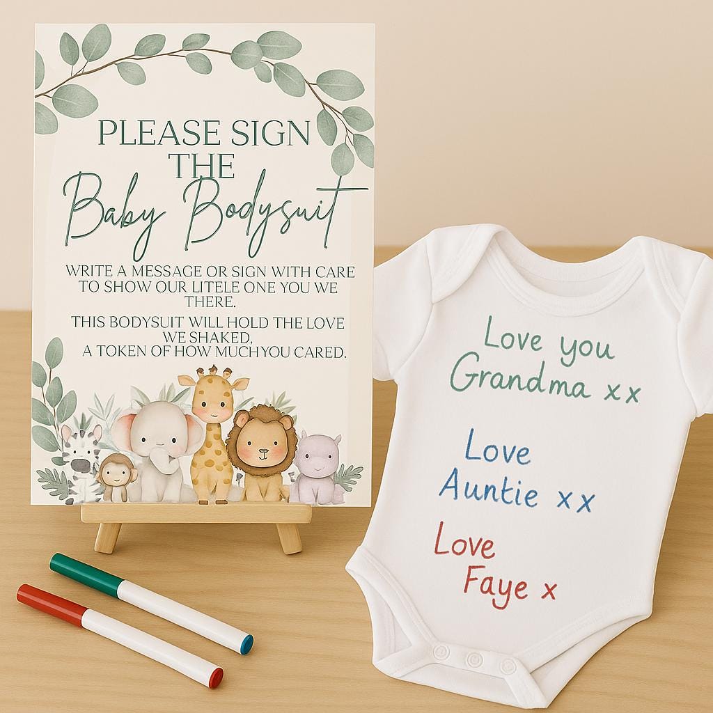 Interactive Baby Shower Bodysuit Signing Kit – Guestbook Alternative with Fabric Pens, Safari Sign & Easel