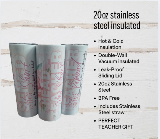 ๐ธ Personalised Teacher Gift โ Custom 20oz Stainless Steel Tumbler with Floral Design & Thank You Quote ๐ธ