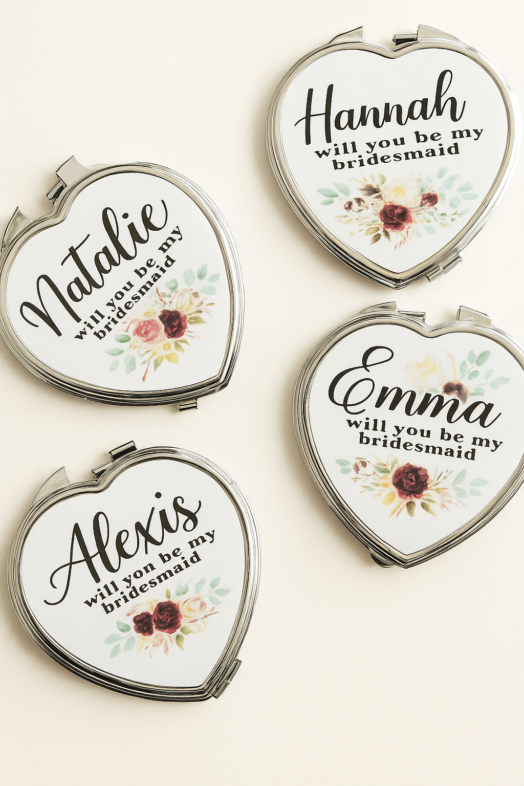 Personalised Bridesmaid Pocket Mirror – Custom Proposal Gift | Heart, Round, or Square Design