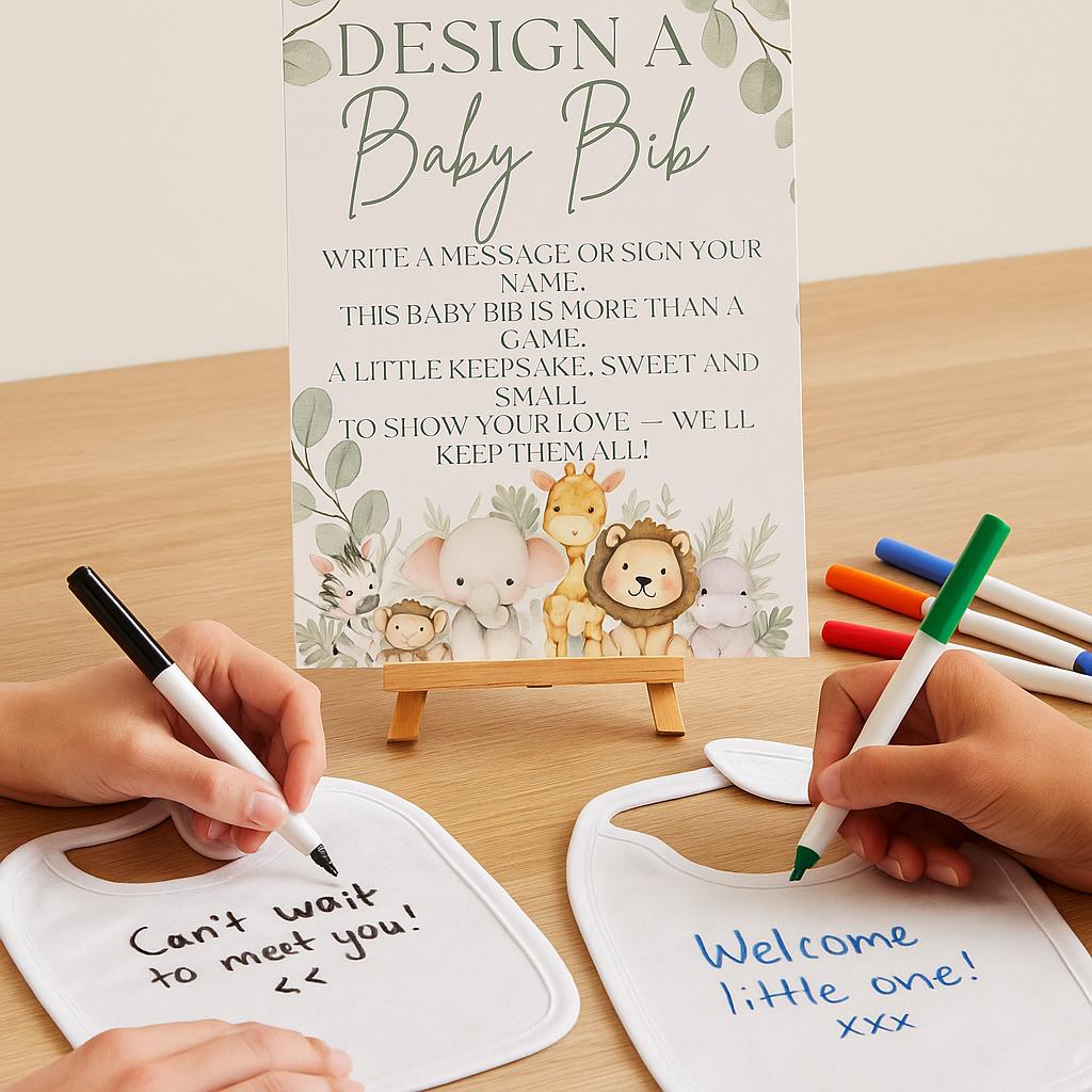 Safari Baby Shower Bib Decorating Kit | Design a Baby Bib Guest Activity | 10 Towelling Bibs, Fabric Pens, Sign and Easel | Guestbook