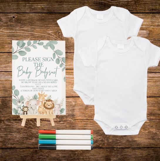 Interactive Baby Shower Bodysuit Signing Kit – Guestbook Alternative with Fabric Pens, Safari Sign & Easel