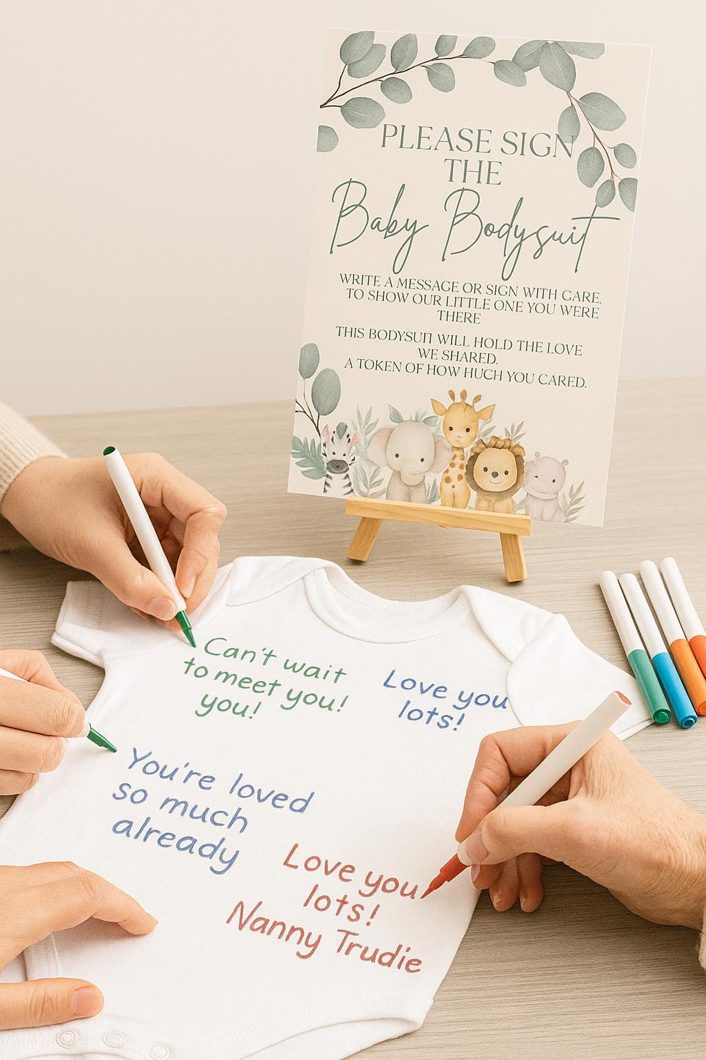 Interactive Baby Shower Bodysuit Signing Kit – Guestbook Alternative with Fabric Pens, Safari Sign & Easel