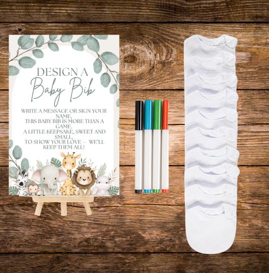 Safari Baby Shower Bib Decorating Kit | Design a Baby Bib Guest Activity | 10 Towelling Bibs, Fabric Pens, Sign and Easel | Guestbook