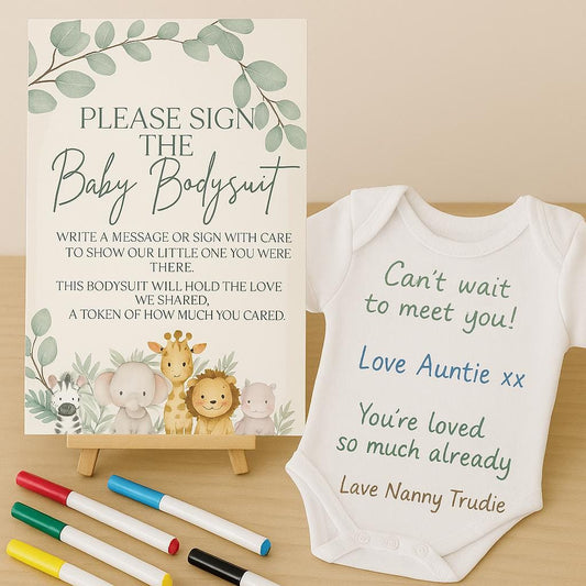 Interactive Baby Shower Bodysuit Signing Kit – Guestbook Alternative with Fabric Pens, Safari Sign & Easel