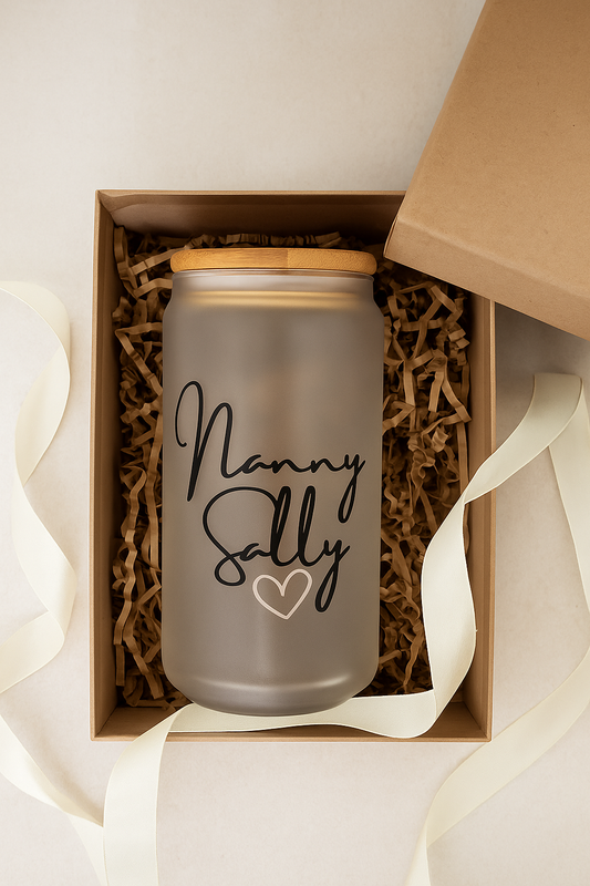 🖤 Personalised 16oz Frosted Glass Tumbler | Custom Gift for Nan, Mum, Aunt, Friend | Leakproof Bamboo Lid