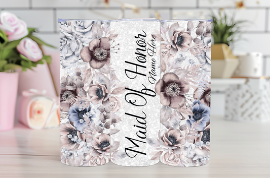 Floral Maid of Honor Tumbler – 20oz Stainless Steel Custom Cup with Name – Elegant Wedding Gift for Your Right-Hand Woman