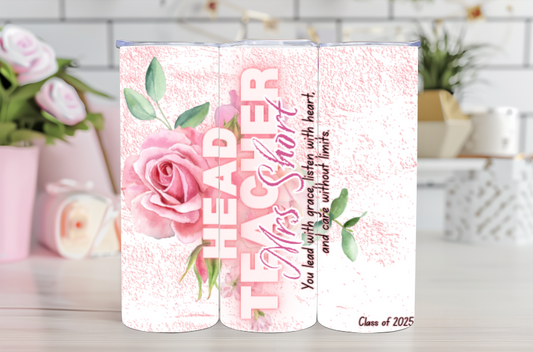 Personalised Teacher Leaving Gift – 20oz Stainless Steel Insulated Tumbler with Name, Floral Design & Thank You Message