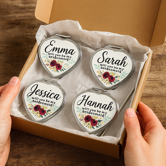 Personalised Bridesmaid Pocket Mirror – Custom Proposal Gift | Heart, Round, or Square Design