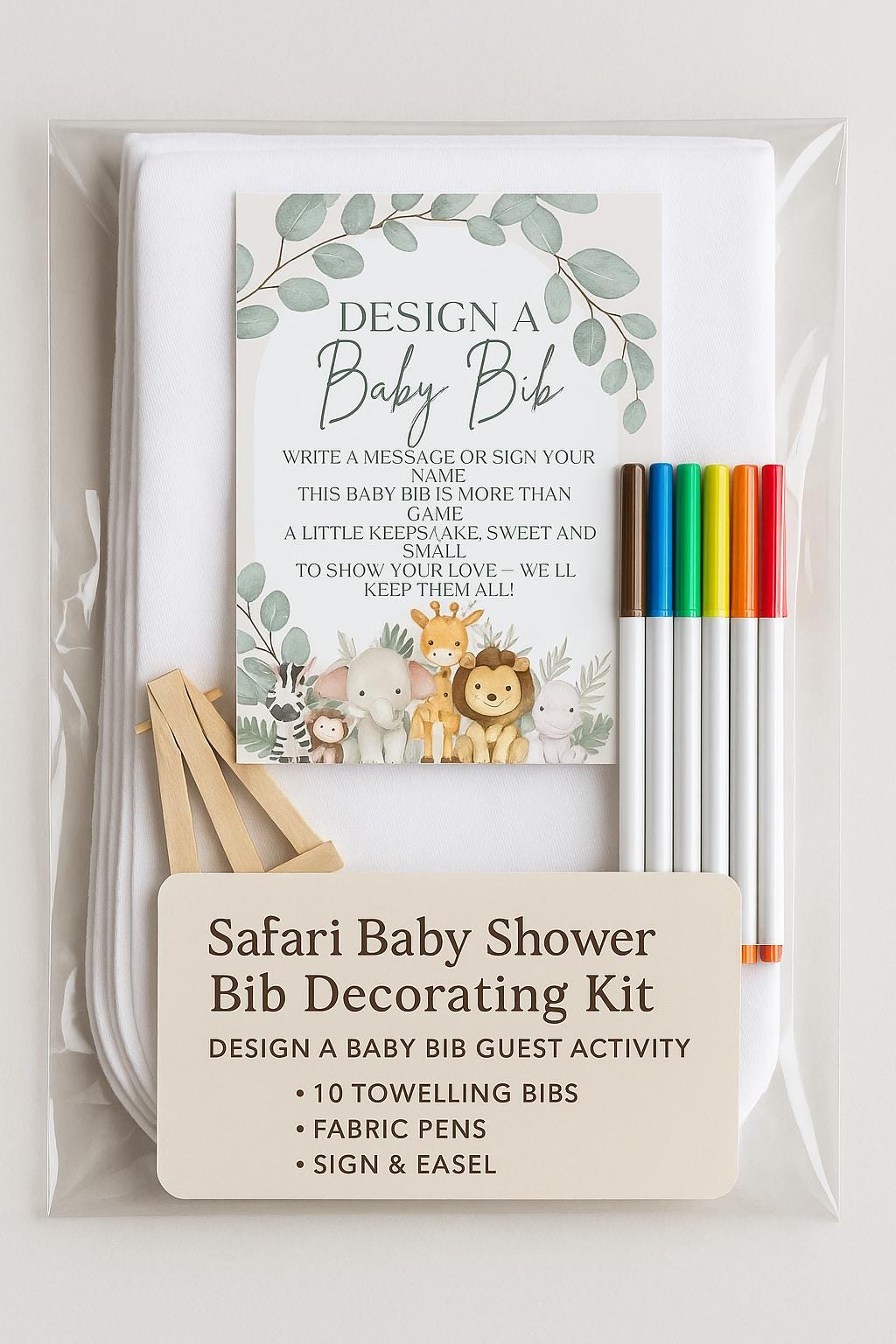 Safari Baby Shower Bib Decorating Kit | Design a Baby Bib Guest Activity | 10 Towelling Bibs, Fabric Pens, Sign and Easel | Guestbook