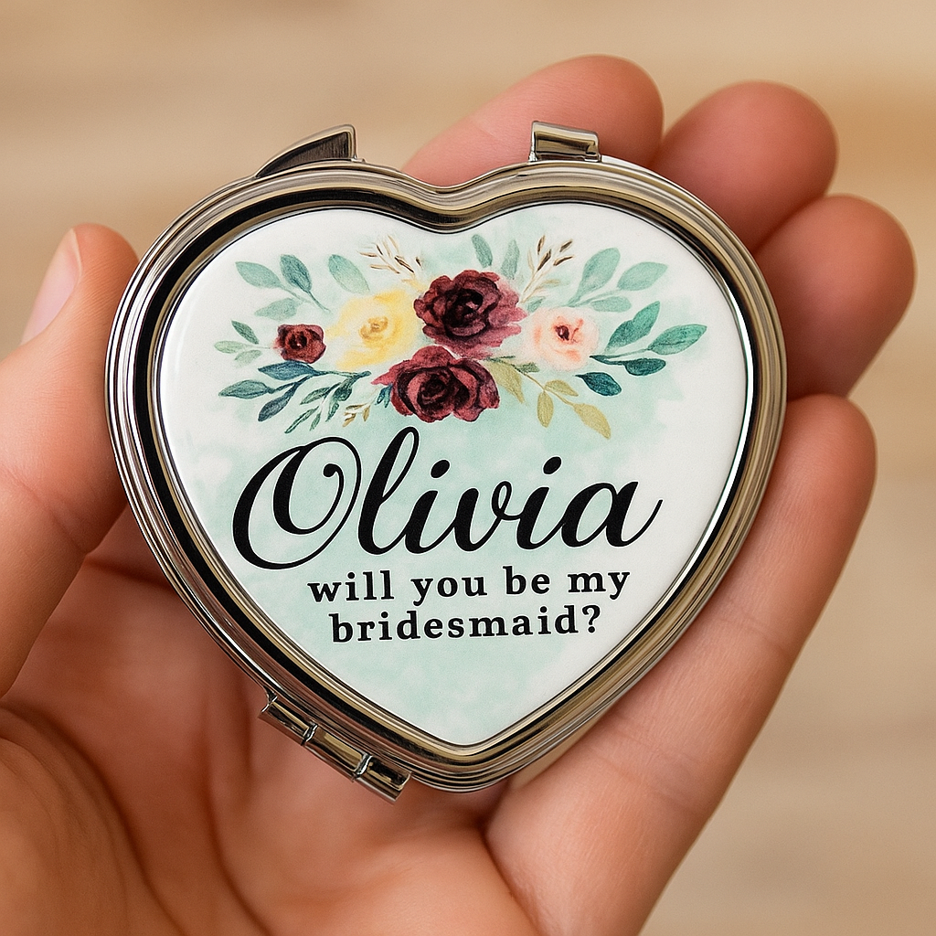 Personalised Bridesmaid Pocket Mirror – Custom Proposal Gift | Heart, Round, or Square Design